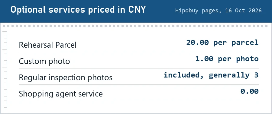 Price readout of optional services: Rehearsal Parcel 20 CNY per parcel, custom photo 1 CNY, regular photos included, agent service zero