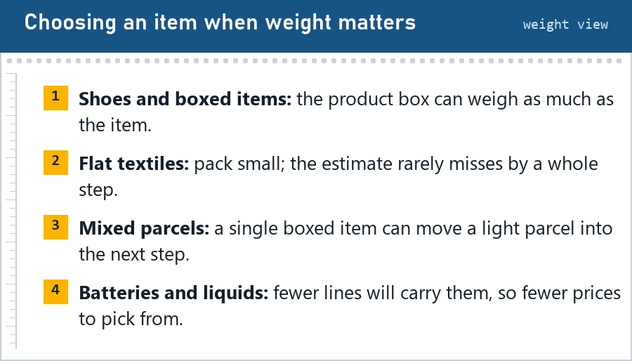 Four notes on choosing items when weight matters: boxed shoes, flat textiles, mixed parcels, battery and liquid items