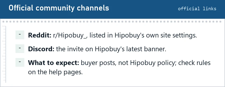 Card of official community channels: Reddit r/Hipobuy_, the Discord invite on Hipobuy's banner, and a note that posts are not policy