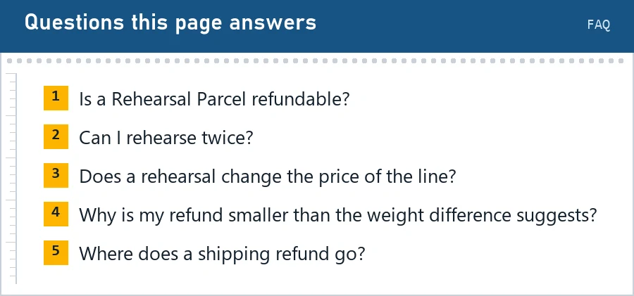Card listing five frequently asked questions about rehearsal fees, second rehearsals, line prices, refund size and refund destination