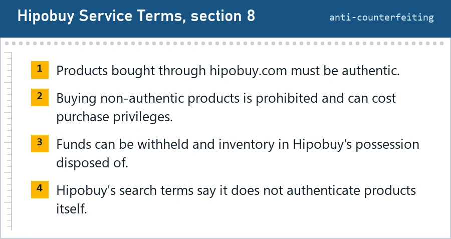 Four notes summarising Hipobuy Service Terms section 8: products must be authentic, non-authentic products prohibited, funds withheld and inventory disposed, Hipobuy does not authenticate
