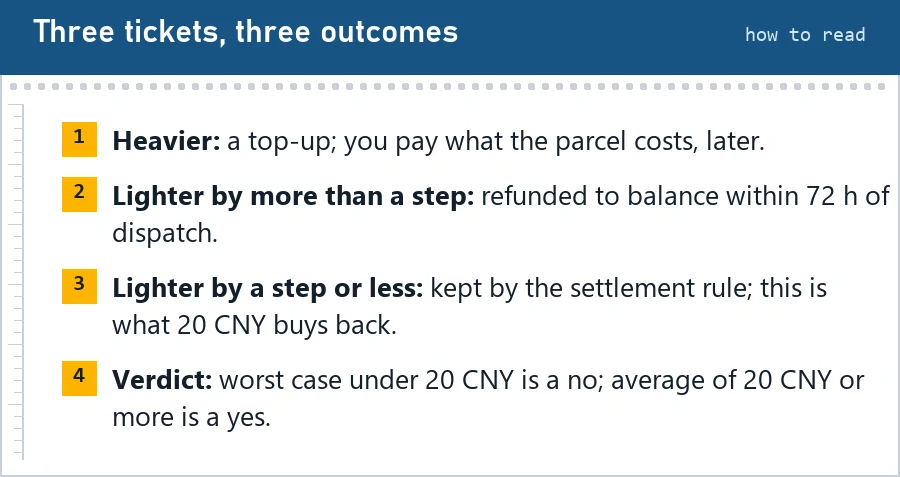 Four notes on reading the output: heavier means a top-up, lighter by more than a step is refunded, lighter by a step or less is kept, and how the verdict is set