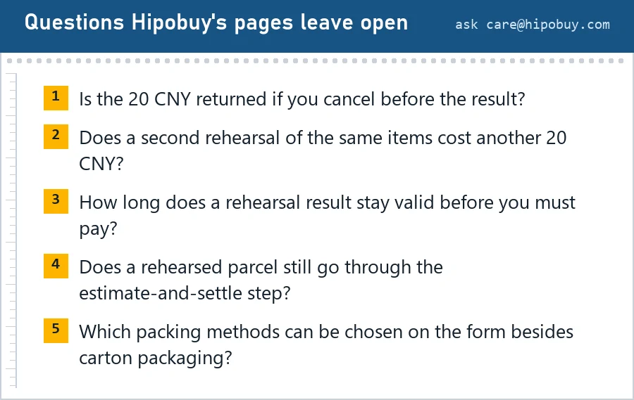 Five numbered open questions about the Rehearsal Parcel fee, cancellations, second rehearsals, validity and packing options