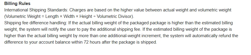 Billing Rules paragraph from Hipobuy's FAQ: chargeable weight is the higher of actual and volumetric weight; overcharges refunded within 72 hours only when the estimate exceeds the actual weight by more than one additional-weight increment