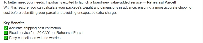 Hipobuy notice text introducing Rehearsal Parcel as a way to calculate package weight and dimensions in advance, followed by Key Benefits: accurate shipping cost estimation, fixed service fee 20 CNY per Rehearsal Parcel, easy cancellation with no worries