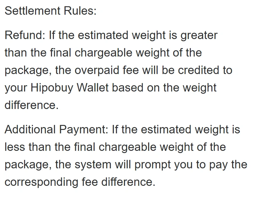 Hipobuy help text headed Settlement Rules: a refund to the Hipobuy Wallet based on the weight difference when the estimate is greater, and an additional payment when it is less
